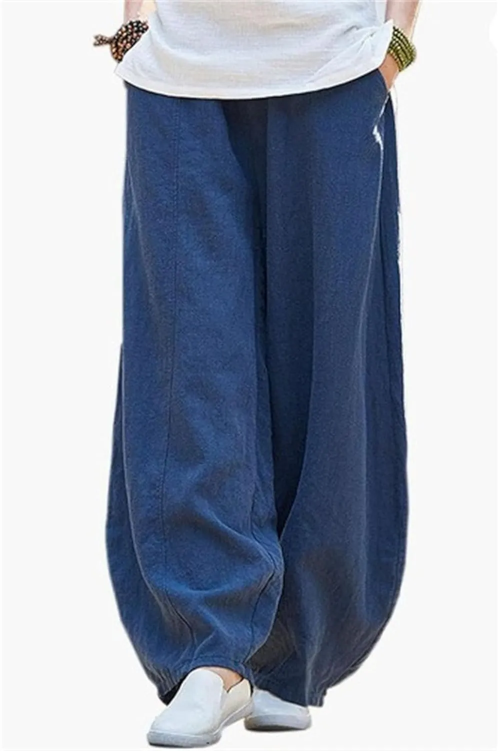 2025 Elastic Waist Bloomers Women's Linen Trousers Pockets Commuter Loose Pants Fashion Slim Casual Pants