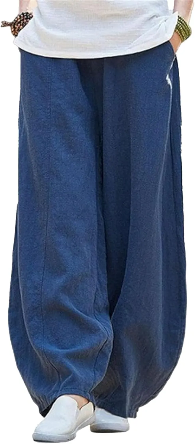 2025 Elastic Waist Bloomers Women's Linen Trousers Pockets Commuter Loose Pants Fashion Slim Casual Pants