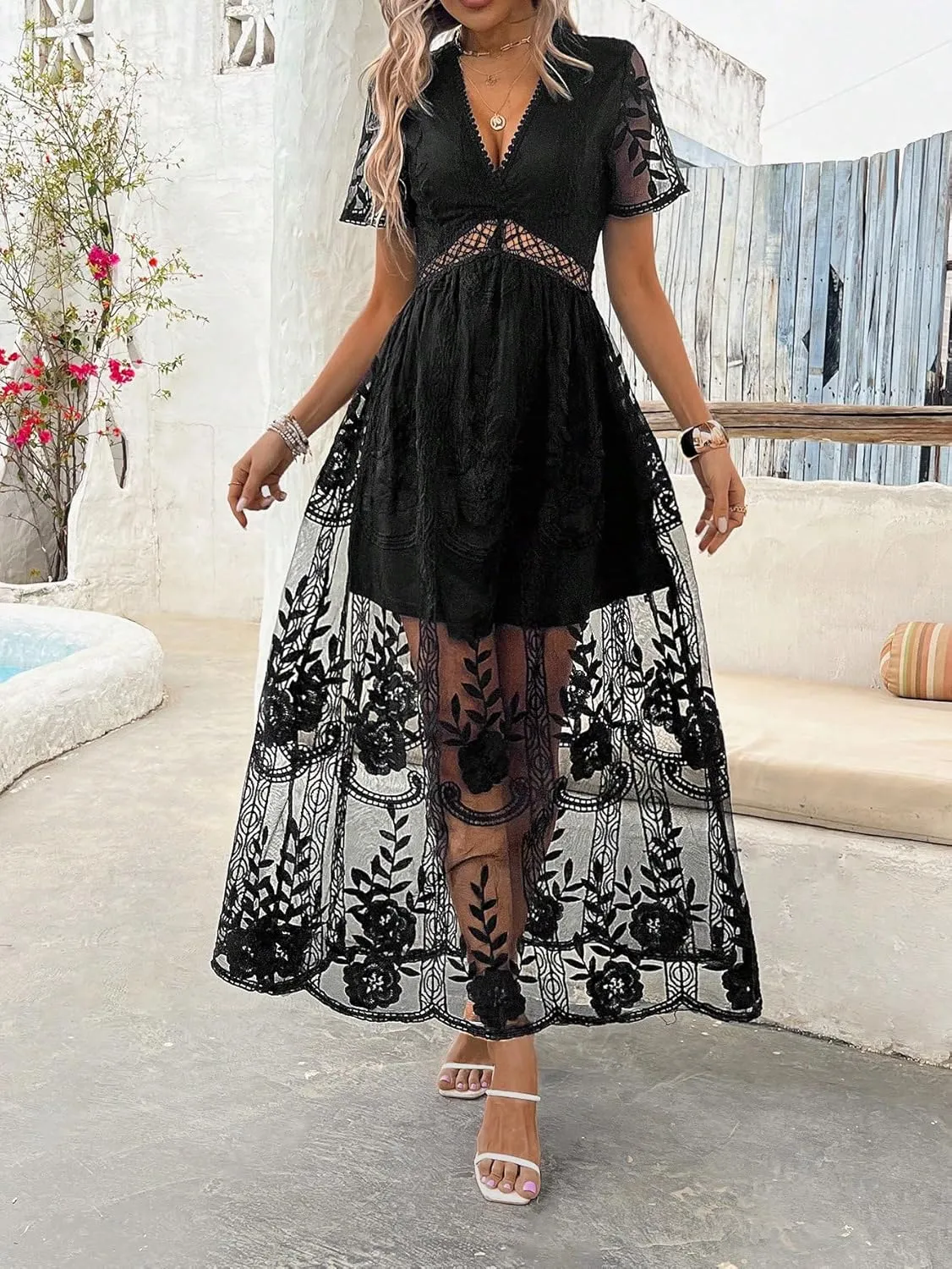 2025 Spring Summer Maxi Dresses for Women V Neck Short Sleeve Lace Floral Flowy Beach Vacation Boho Wedding Sundress