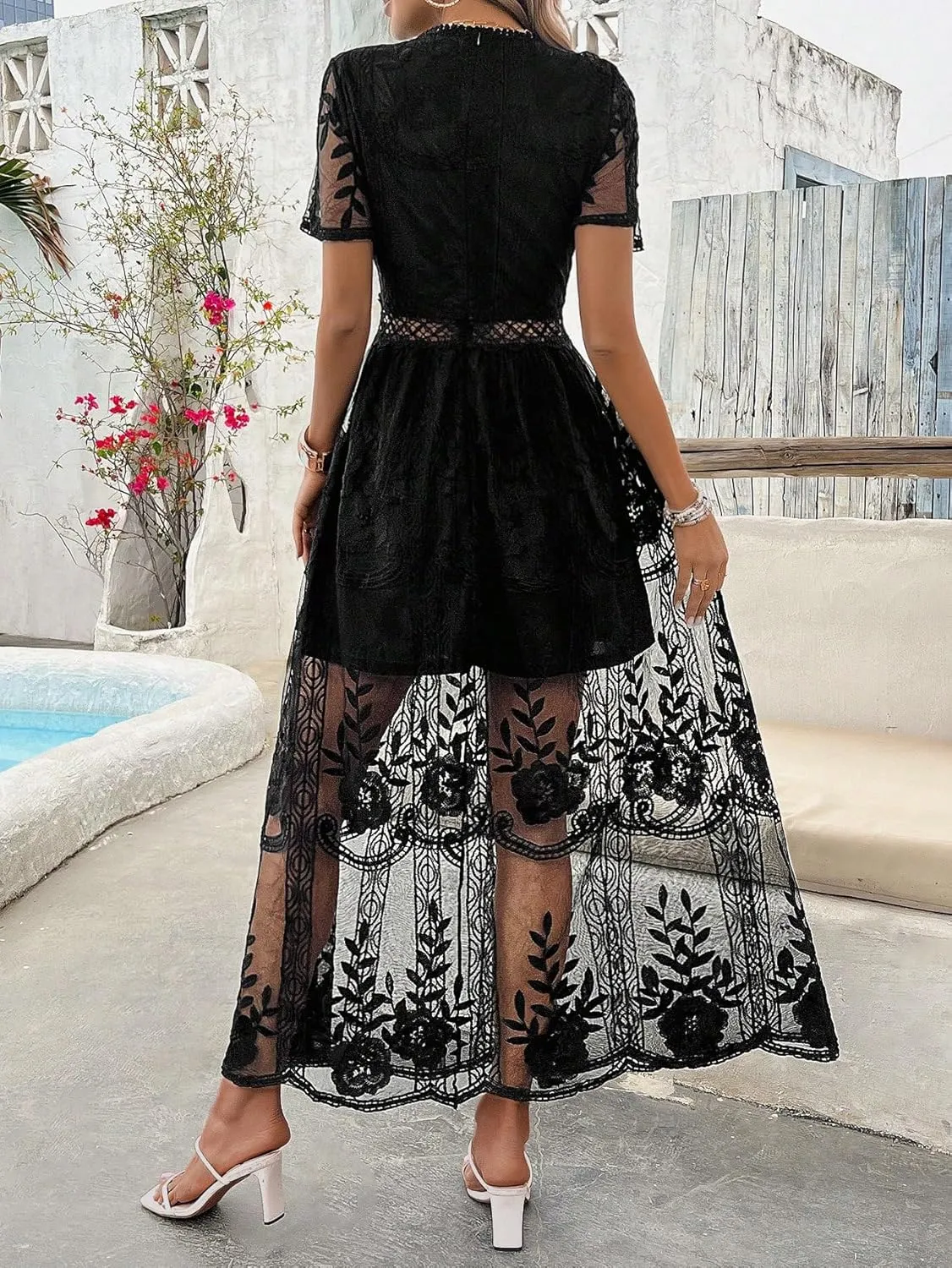 2025 Spring Summer Maxi Dresses for Women V Neck Short Sleeve Lace Floral Flowy Beach Vacation Boho Wedding Sundress