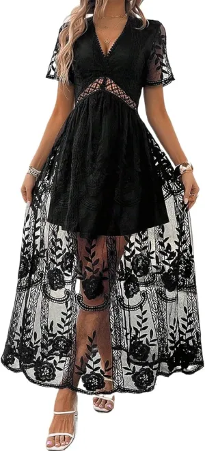 2025 Spring Summer Maxi Dresses for Women V Neck Short Sleeve Lace Floral Flowy Beach Vacation Boho Wedding Sundress