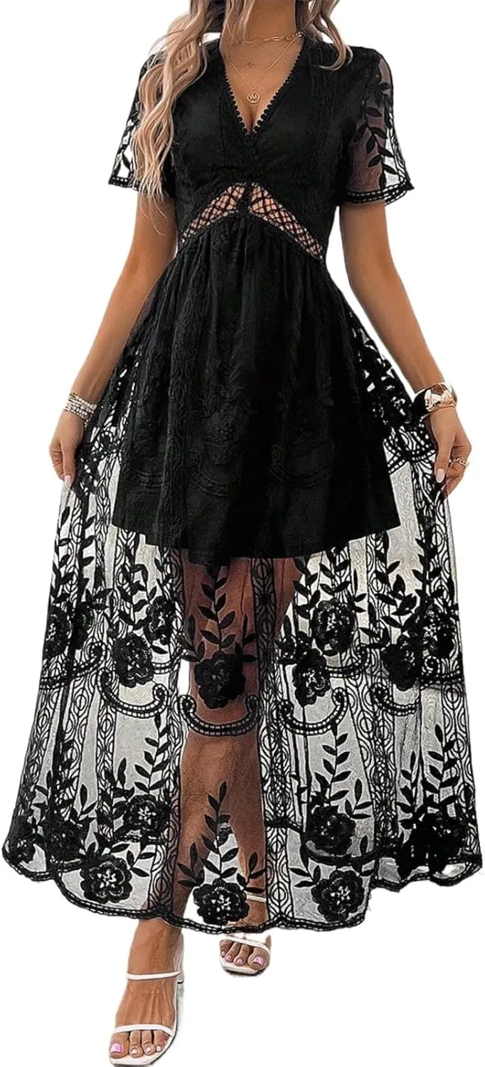 2025 Spring Summer Maxi Dresses for Women V Neck Short Sleeve Lace Floral Flowy Beach Vacation Boho Wedding Sundress