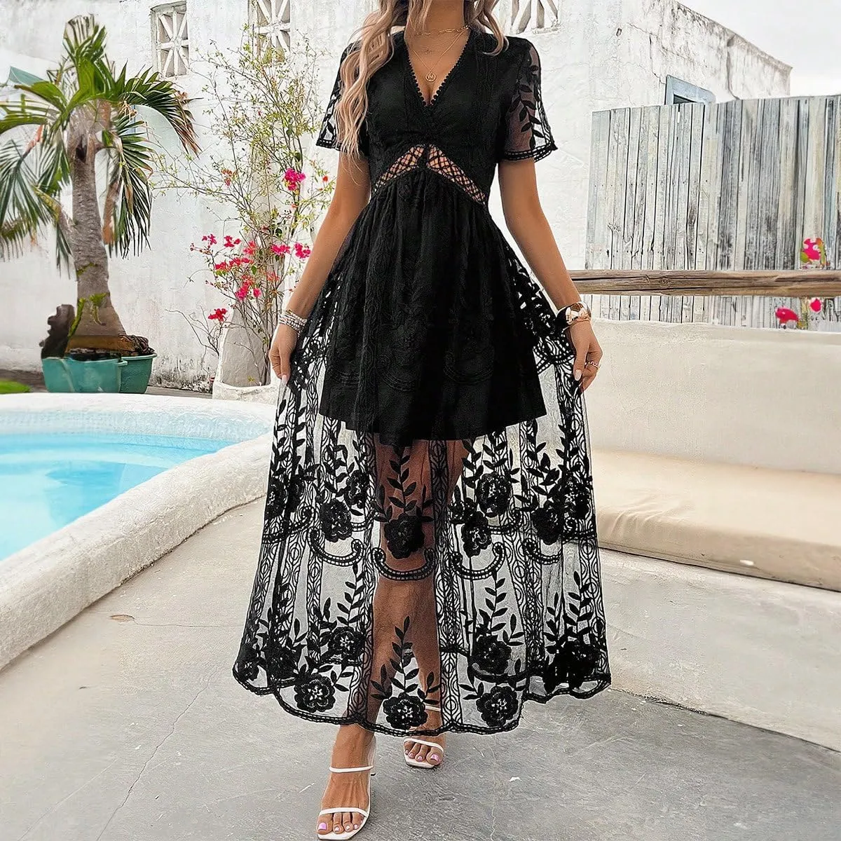 2025 Spring Summer Maxi Dresses for Women V Neck Short Sleeve Lace Floral Flowy Beach Vacation Boho Wedding Sundress