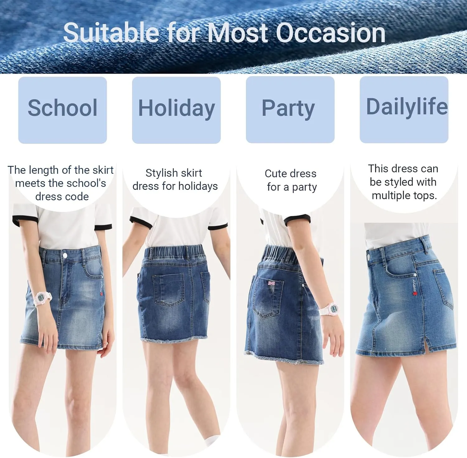 ABALACOCO 2Pack Girls Jeans Skirt Mini Denim Skirt Skorts Set Kids Toddler,Stretchy Waist Soft Cotton No Rough Skort 3-14T