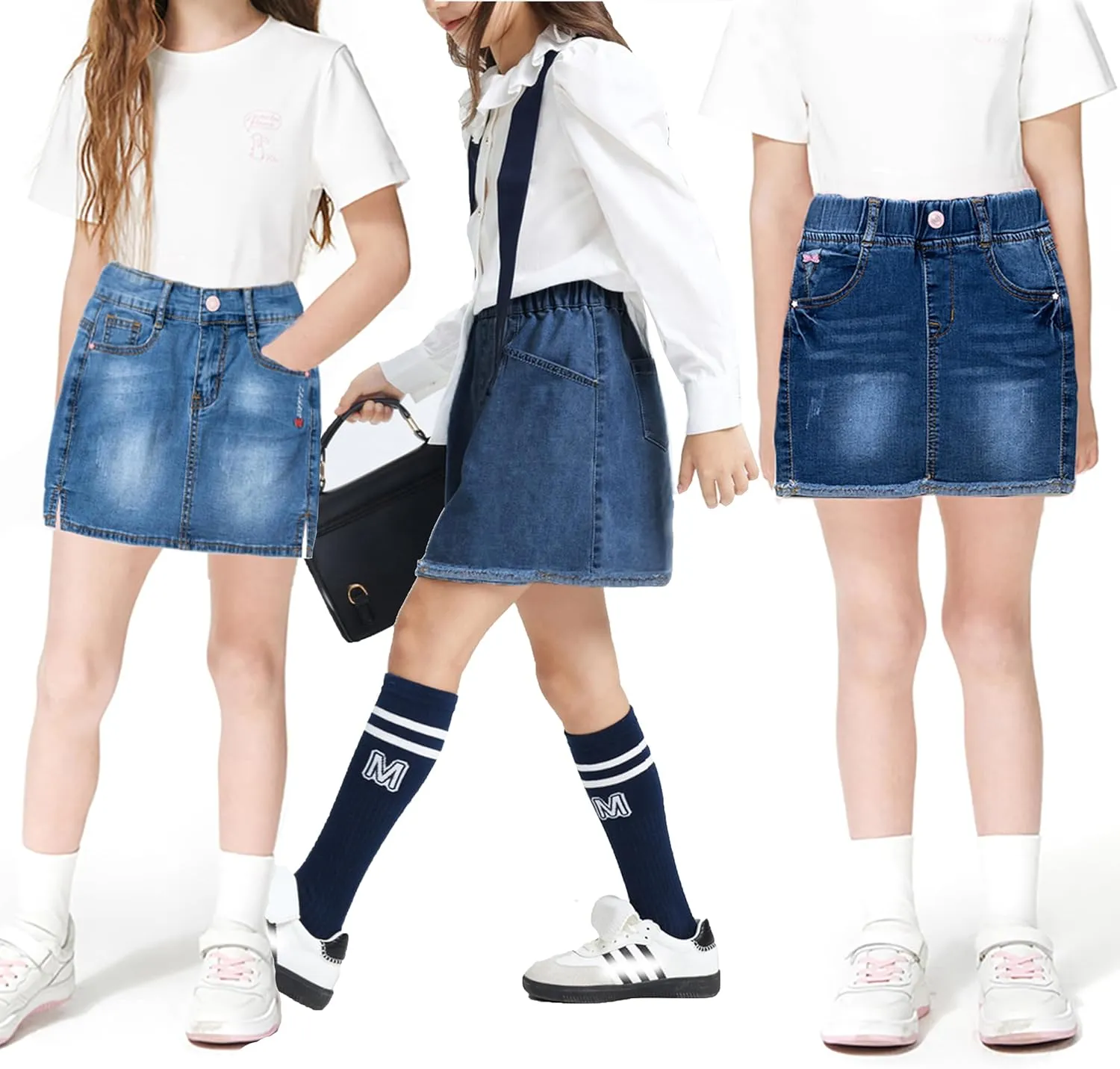 ABALACOCO 2Pack Girls Jeans Skirt Mini Denim Skirt Skorts Set Kids Toddler,Stretchy Waist Soft Cotton No Rough Skort 3-14T