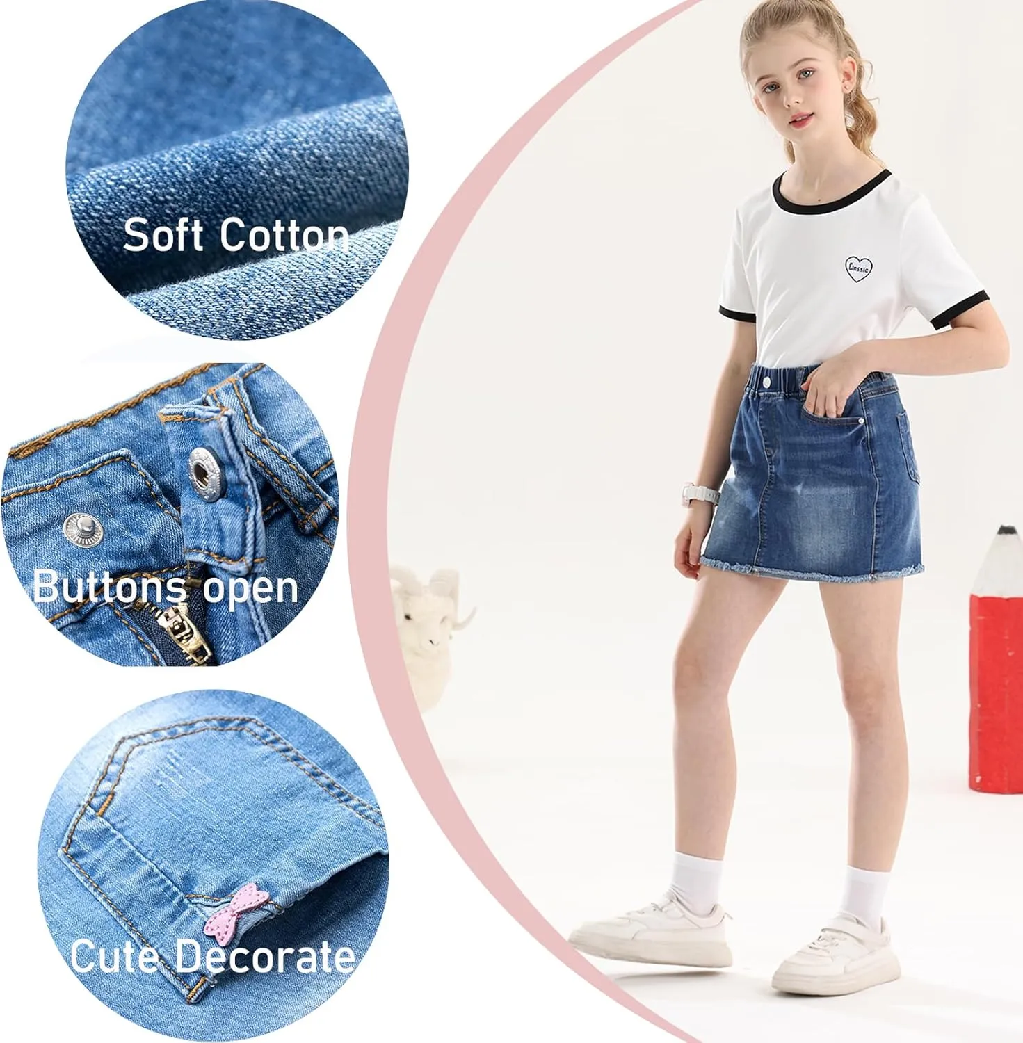 ABALACOCO 2Pack Girls Jeans Skirt Mini Denim Skirt Skorts Set Kids Toddler,Stretchy Waist Soft Cotton No Rough Skort 3-14T