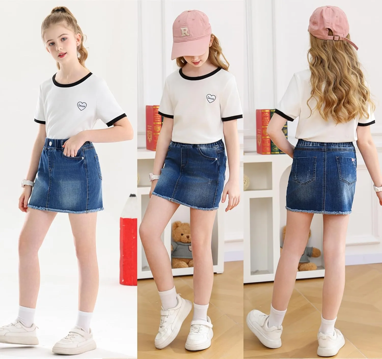 ABALACOCO 2Pack Girls Jeans Skirt Mini Denim Skirt Skorts Set Kids Toddler,Stretchy Waist Soft Cotton No Rough Skort 3-14T