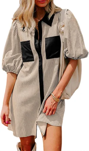 AlvaQ Women Dress Summer 2025 Casual V Neck Short Sleeve Button Down Striped Tunic Dresses with Pockets