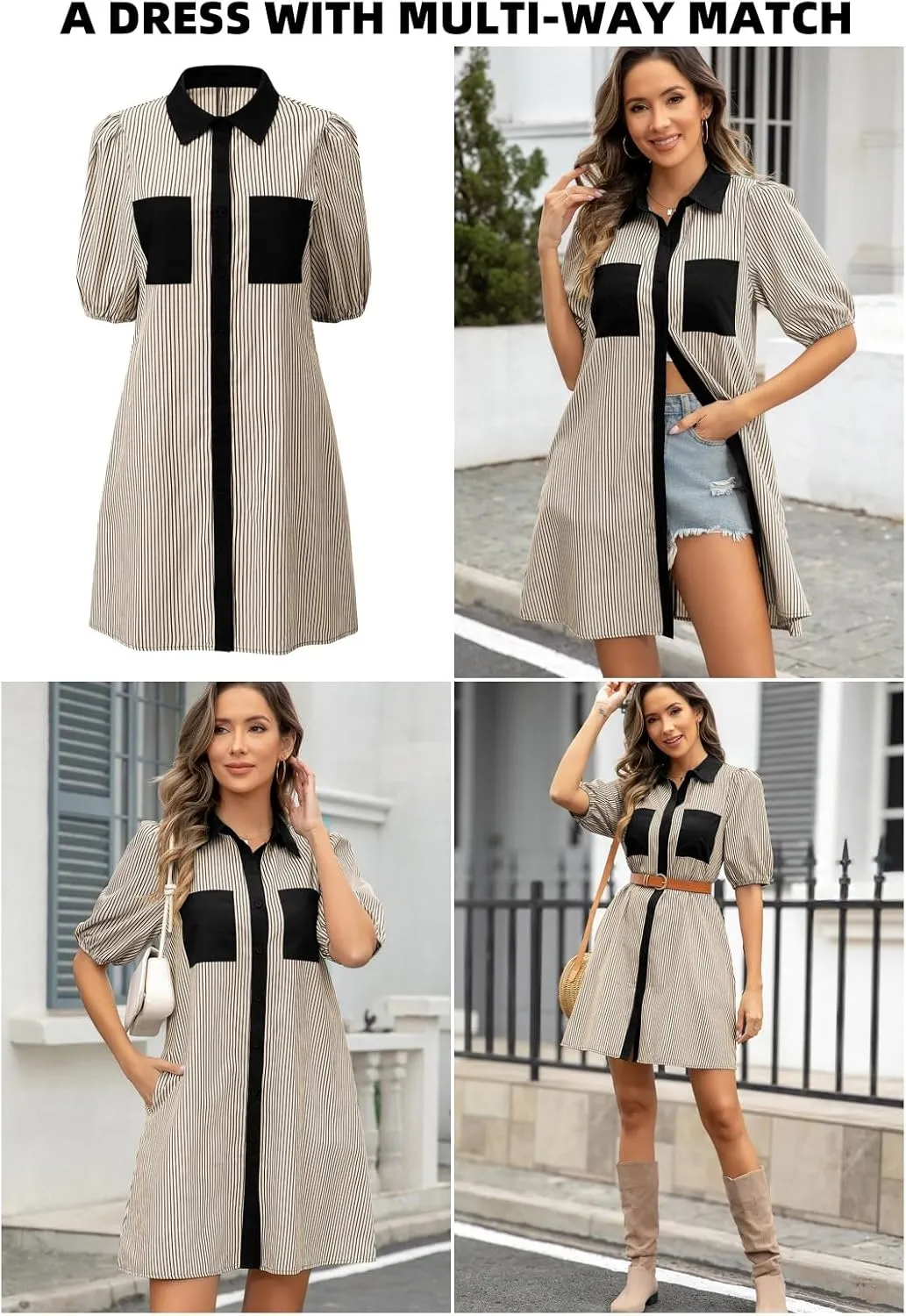 AlvaQ Women Dress Summer 2025 Casual V Neck Short Sleeve Button Down Striped Tunic Dresses with Pockets