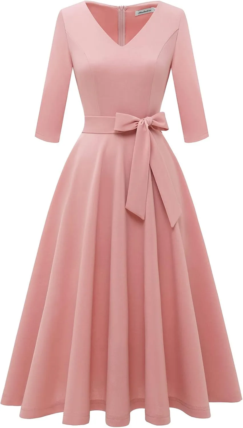 Bbonlinedress Women Casual Vintage Tea Dress Cocktail Prom Midi Church Dresses, V-Neck 3/4 Sleeves Dress