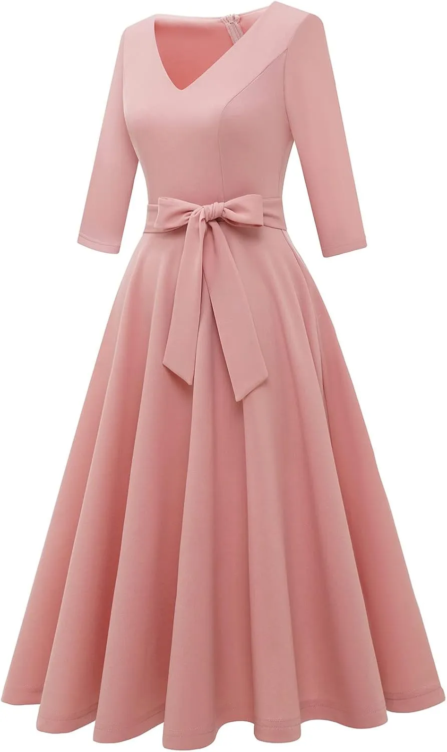 Bbonlinedress Women Casual Vintage Tea Dress Cocktail Prom Midi Church Dresses, V-Neck 3/4 Sleeves Dress