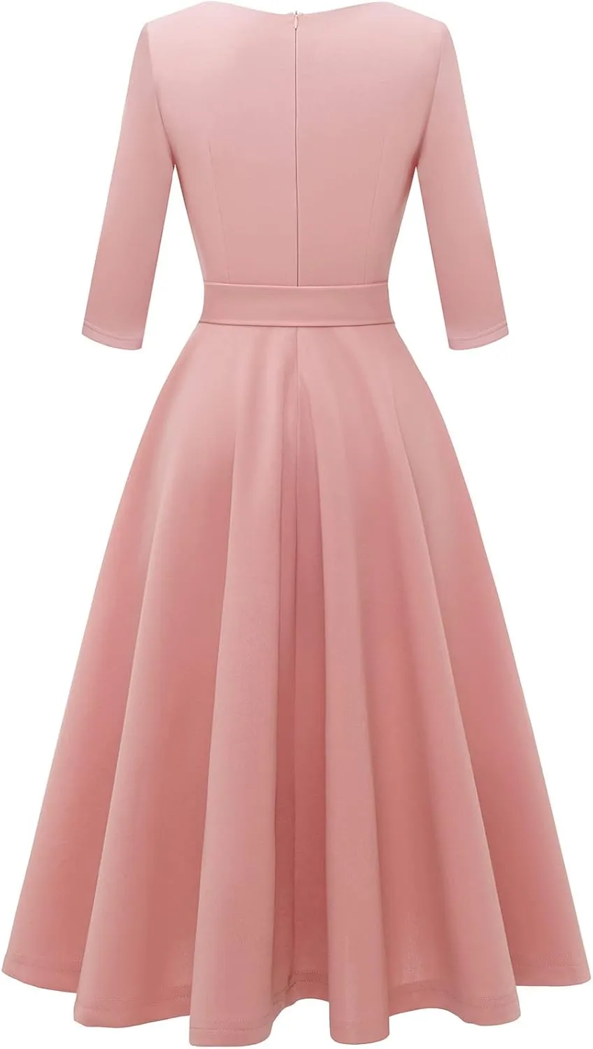 Bbonlinedress Women Casual Vintage Tea Dress Cocktail Prom Midi Church Dresses, V-Neck 3/4 Sleeves Dress