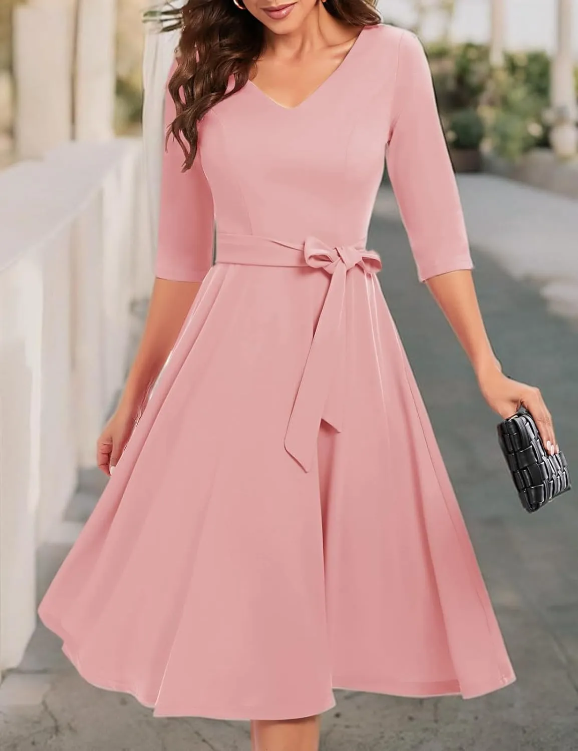 Bbonlinedress Women Casual Vintage Tea Dress Cocktail Prom Midi Church Dresses, V-Neck 3/4 Sleeves Dress