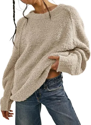 Beaully Women's Oversized Long Sleeve Crewneck Fuzzy Knit Warm Sweaters 2024 Fall Pullover Sweater Tops