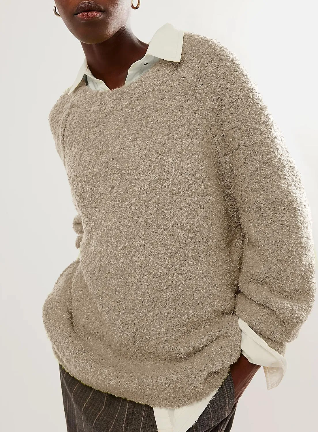 Beaully Women's Oversized Long Sleeve Crewneck Fuzzy Knit Warm Sweaters 2024 Fall Pullover Sweater Tops