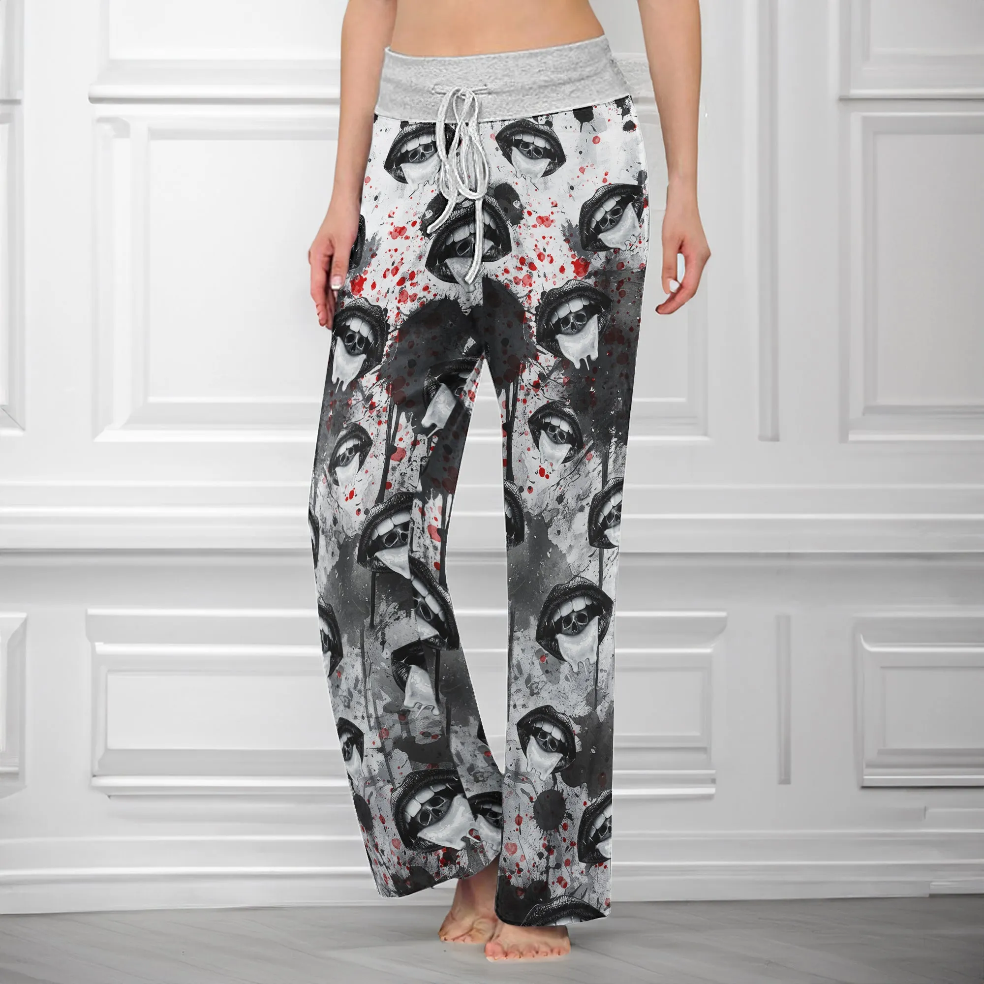Black Skull Lip Pattern Women's High-waisted Wide Leg Pants