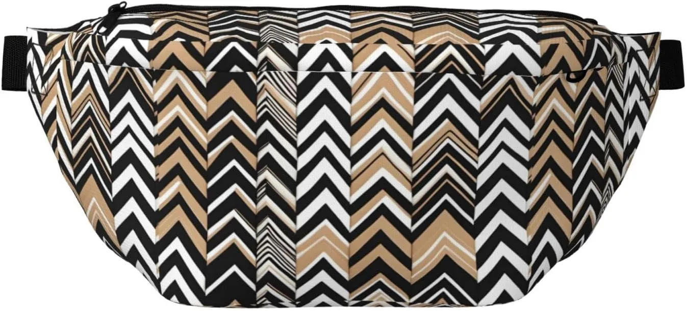 Black White Tan Zigzag Stylish Crossbody Waist Pack - Versatile And Compact Travel Pouch For Hands-Free Storage