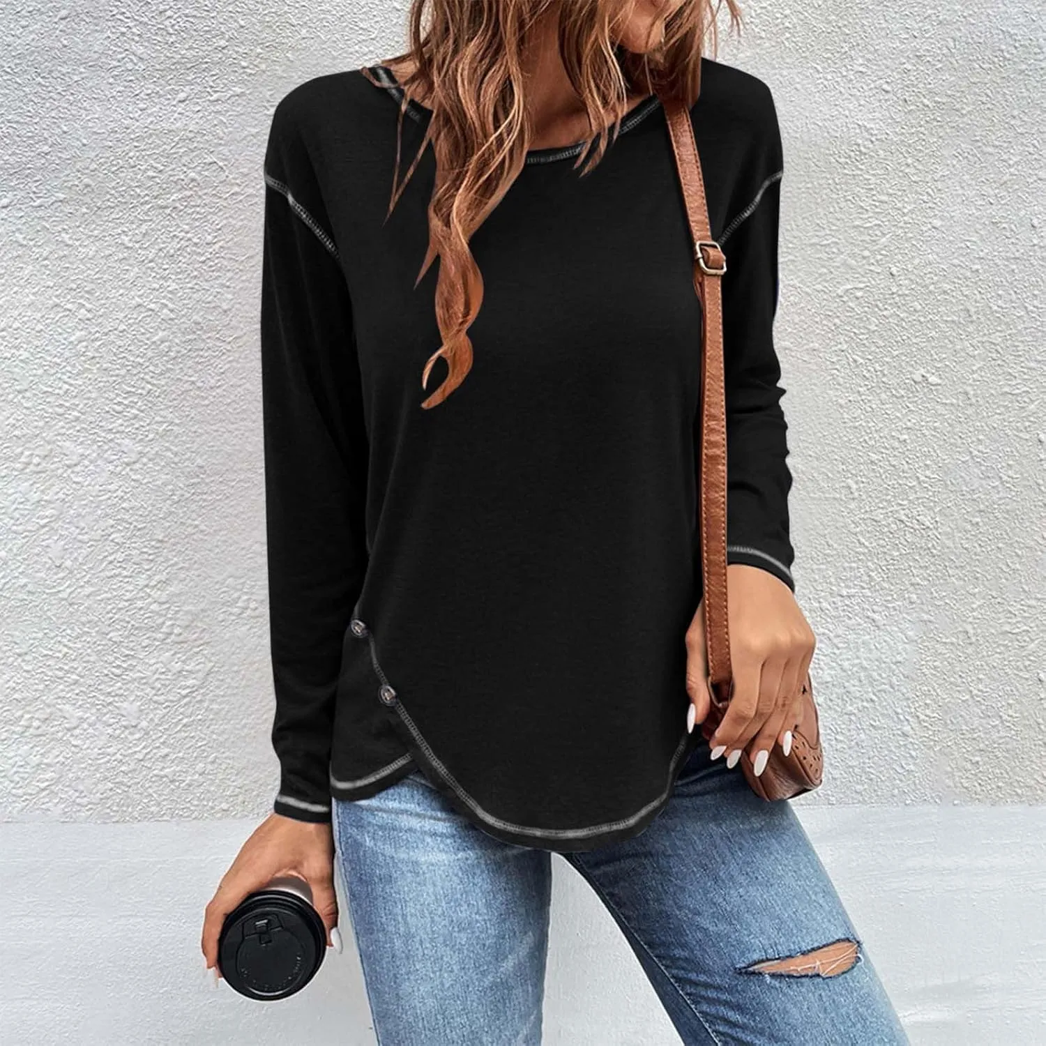 Blouses for Women Dressy Casual Long Sleeve Solid Pullover Side Split Fall Fashion Shirts 2024 Trending Now Tops