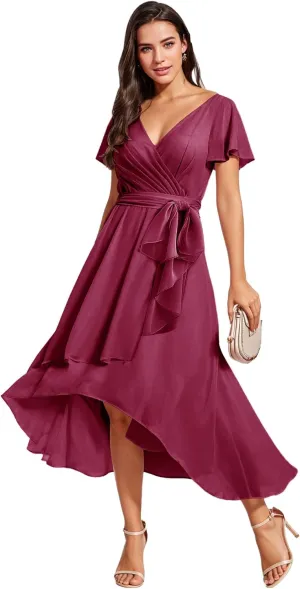 Bridesmaid-Dresses-for-Women High Low - V Neck Chiffon Pleated Long Formal Evening Gowns