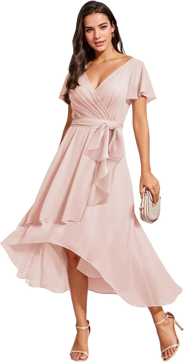 Bridesmaid-Dresses-for-Women High Low - V Neck Chiffon Pleated Long Formal Evening Gowns