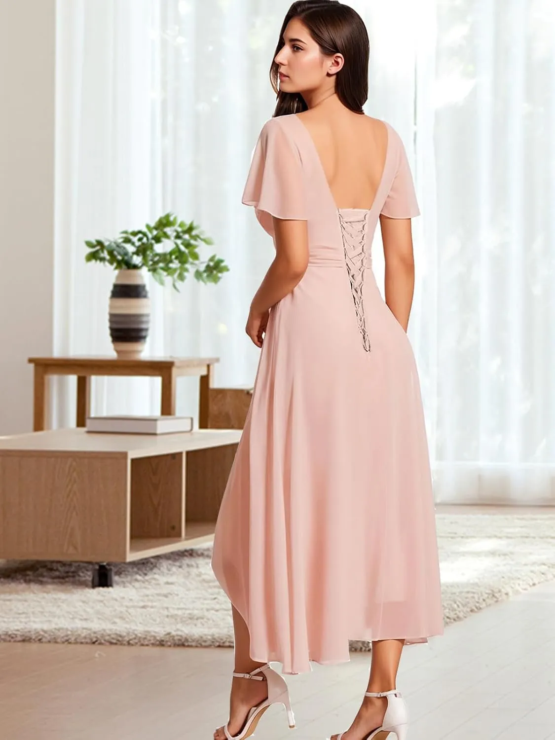 Bridesmaid-Dresses-for-Women High Low - V Neck Chiffon Pleated Long Formal Evening Gowns