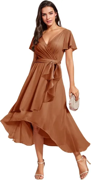 Bridesmaid-Dresses-for-Women High Low - V Neck Chiffon Pleated Long Formal Evening Gowns