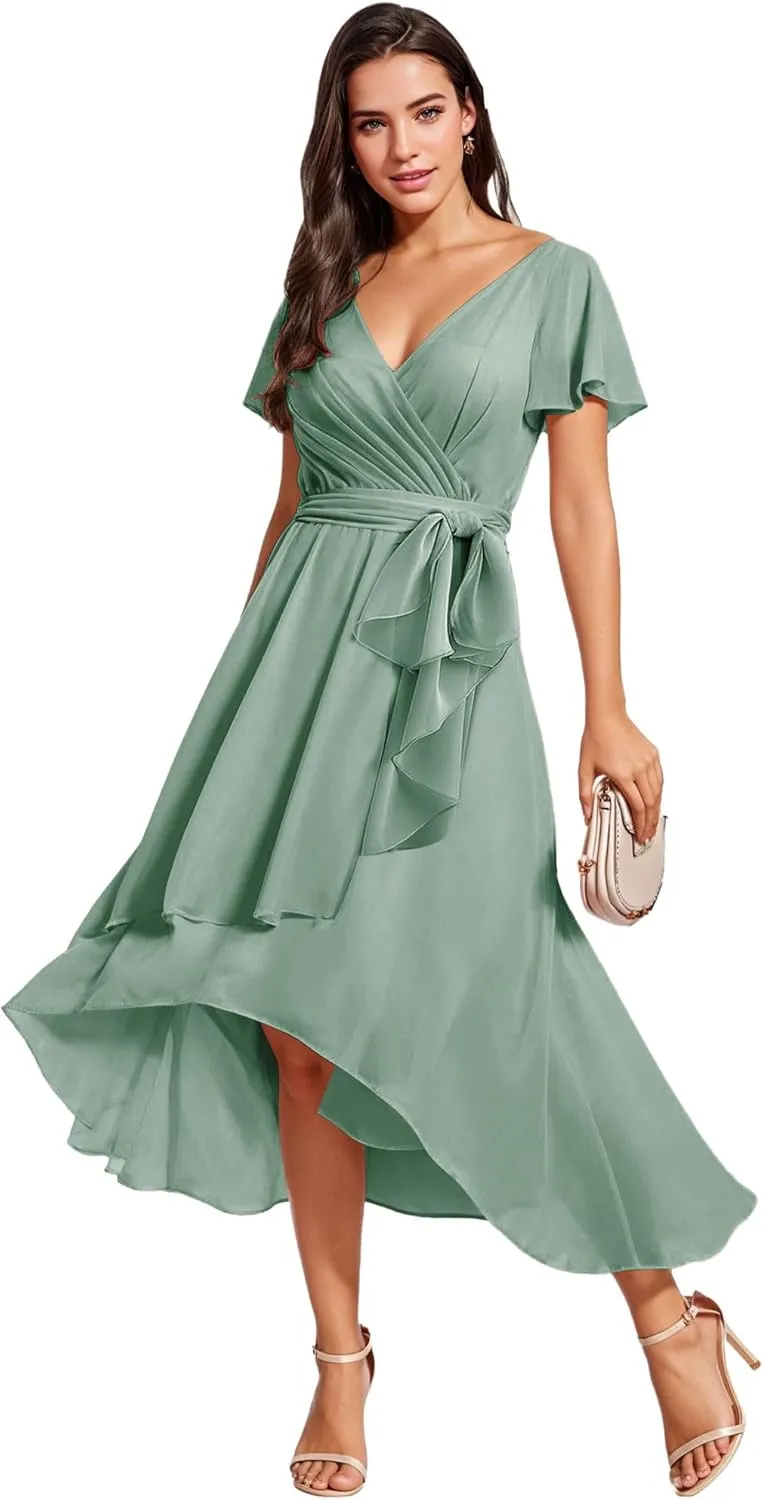 Bridesmaid-Dresses-for-Women High Low - V Neck Chiffon Pleated Long Formal Evening Gowns