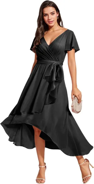 Bridesmaid-Dresses-for-Women High Low - V Neck Chiffon Pleated Long Formal Evening Gowns