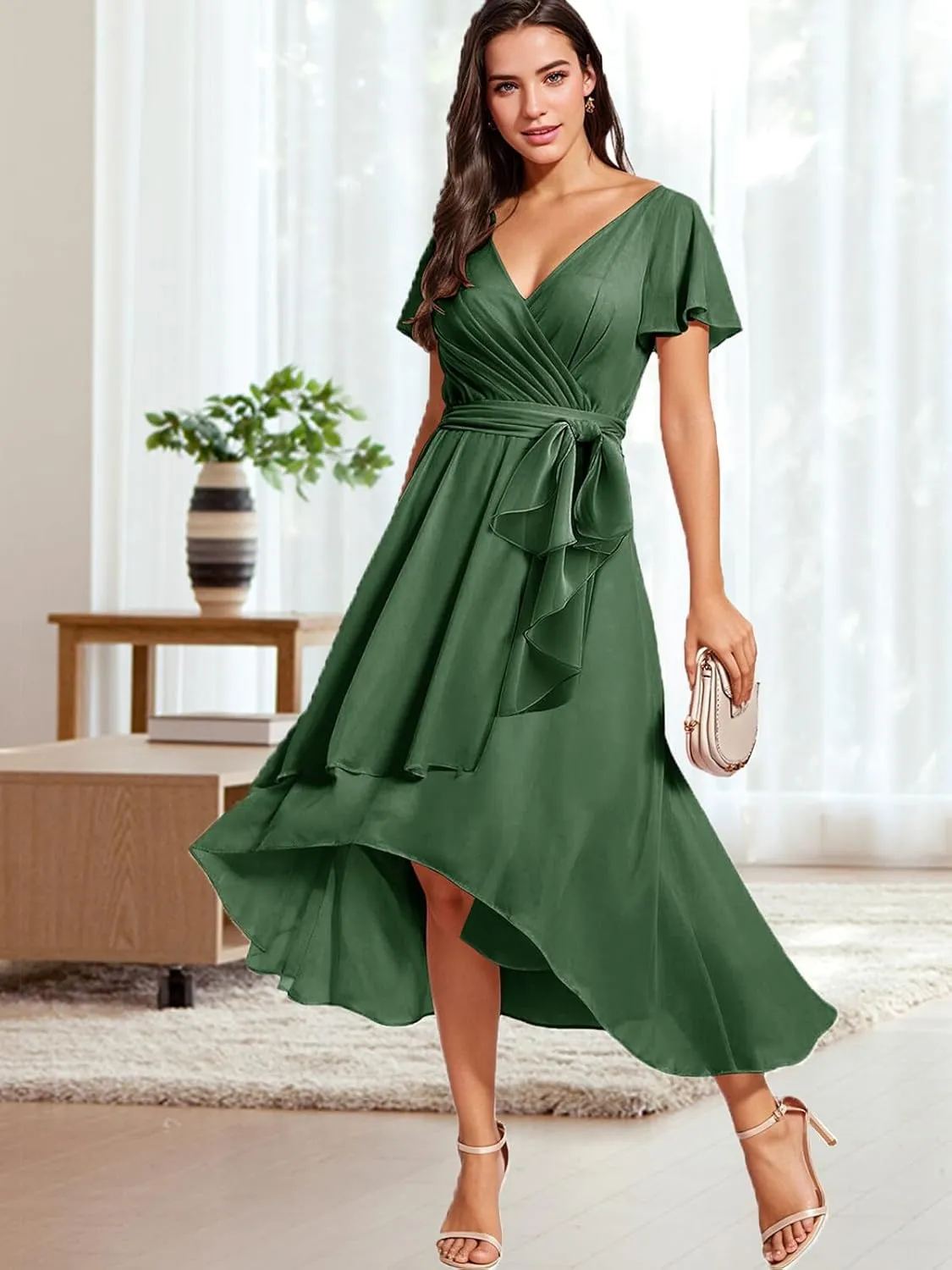Bridesmaid-Dresses-for-Women High Low - V Neck Chiffon Pleated Long Formal Evening Gowns
