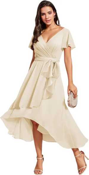 Bridesmaid-Dresses-for-Women High Low - V Neck Chiffon Pleated Long Formal Evening Gowns