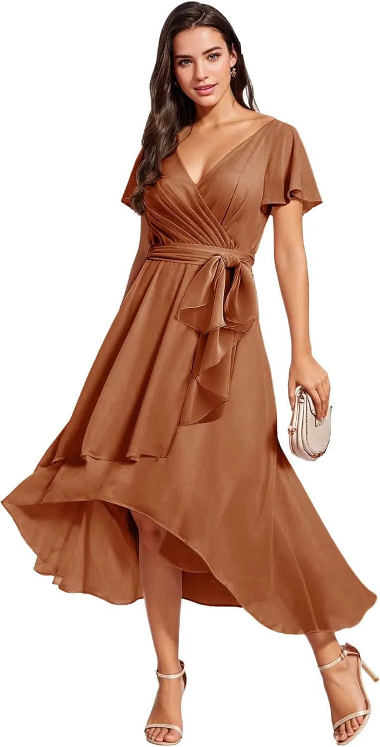 Bridesmaid-Dresses-for-Women High Low - V Neck Chiffon Pleated Long Formal Evening Gowns