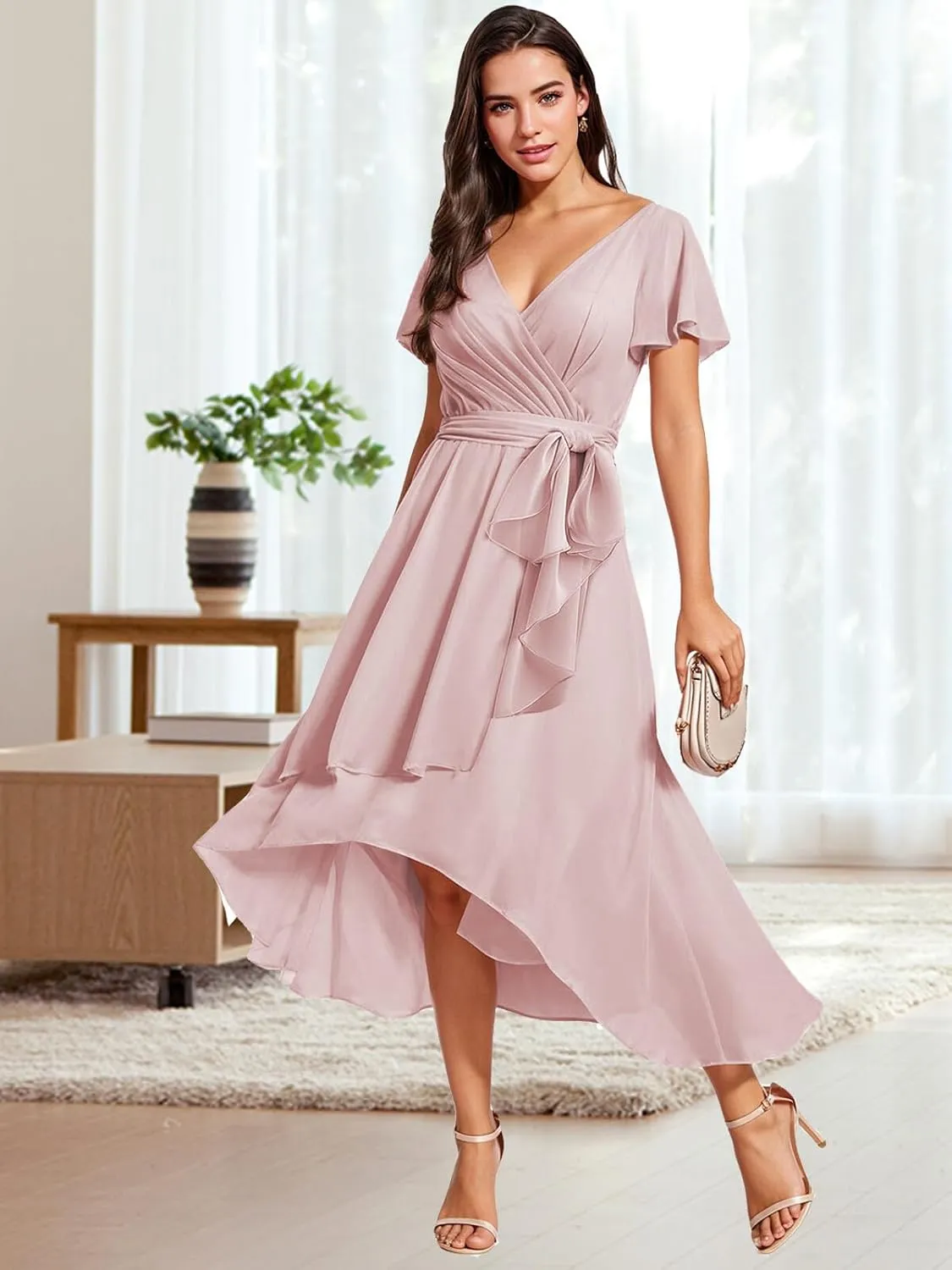 Bridesmaid-Dresses-for-Women High Low - V Neck Chiffon Pleated Long Formal Evening Gowns