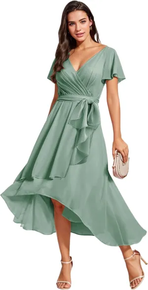 Bridesmaid-Dresses-for-Women High Low - V Neck Chiffon Pleated Long Formal Evening Gowns