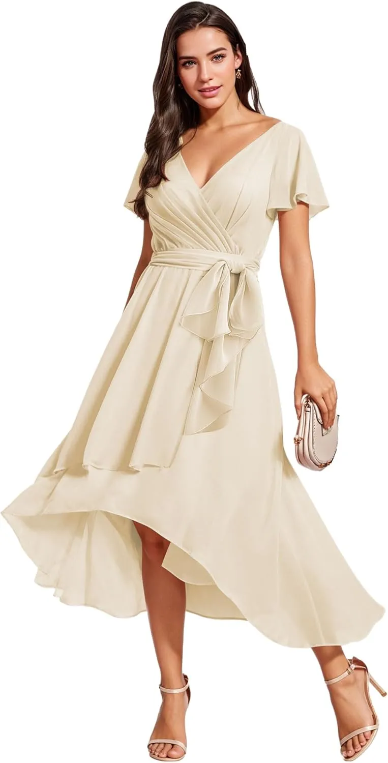Bridesmaid-Dresses-for-Women High Low - V Neck Chiffon Pleated Long Formal Evening Gowns
