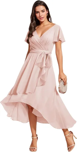 Bridesmaid-Dresses-for-Women High Low - V Neck Chiffon Pleated Long Formal Evening Gowns