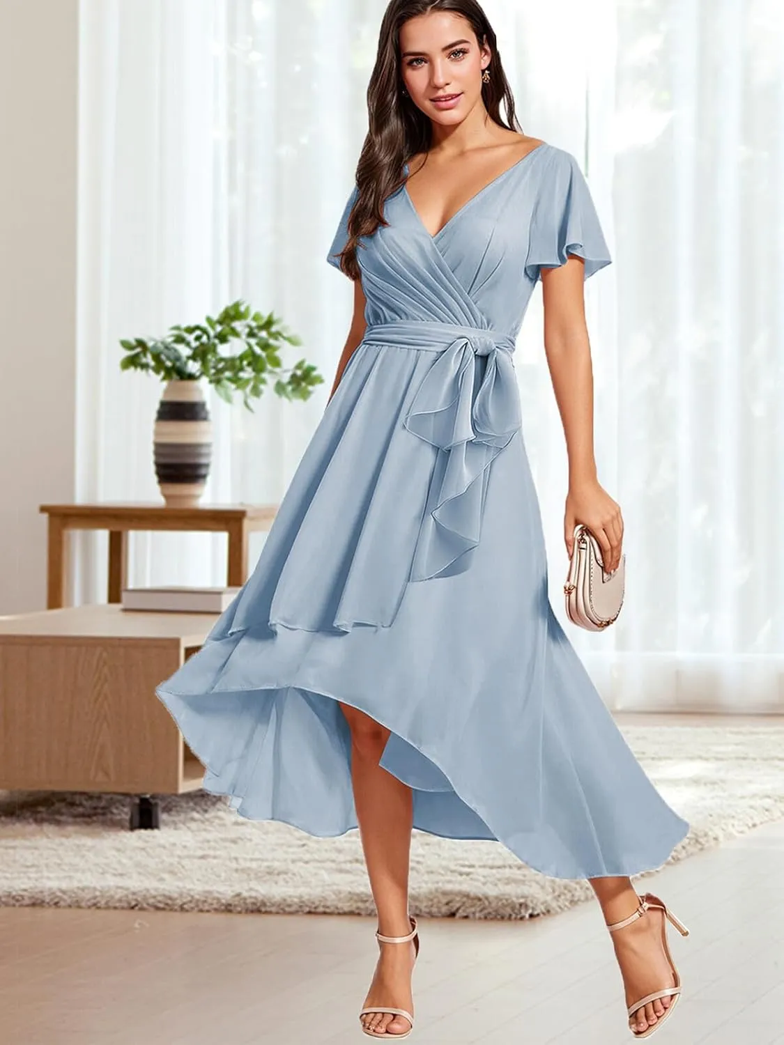 Bridesmaid-Dresses-for-Women High Low - V Neck Chiffon Pleated Long Formal Evening Gowns