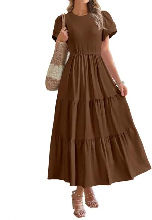 BTFBM Women Casual Summer Dresses 2025 Spring Crewneck Short Sleeve Tiered Flowy Boho Maxi Beach Vacation Dress Pockets