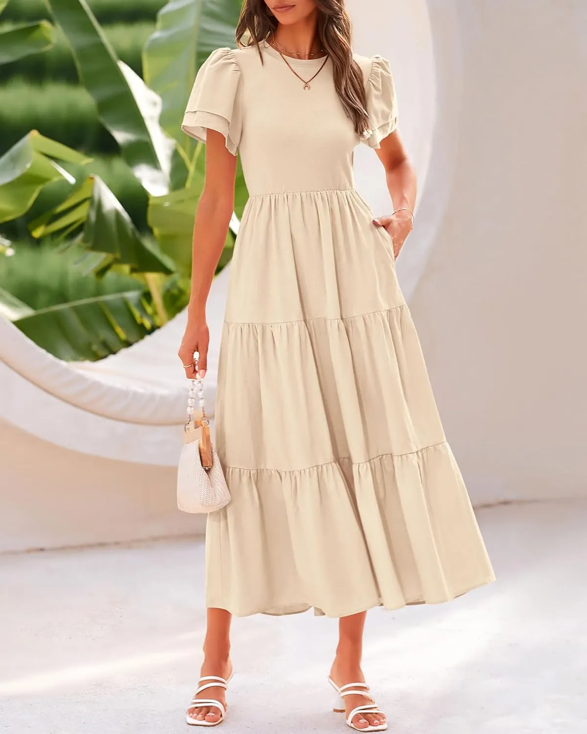 BTFBM Women Casual Summer Dresses 2025 Spring Crewneck Short Sleeve Tiered Flowy Boho Maxi Beach Vacation Dress Pockets