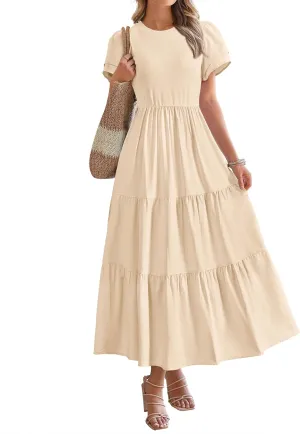 BTFBM Women Casual Summer Dresses 2025 Spring Crewneck Short Sleeve Tiered Flowy Boho Maxi Beach Vacation Dress Pockets
