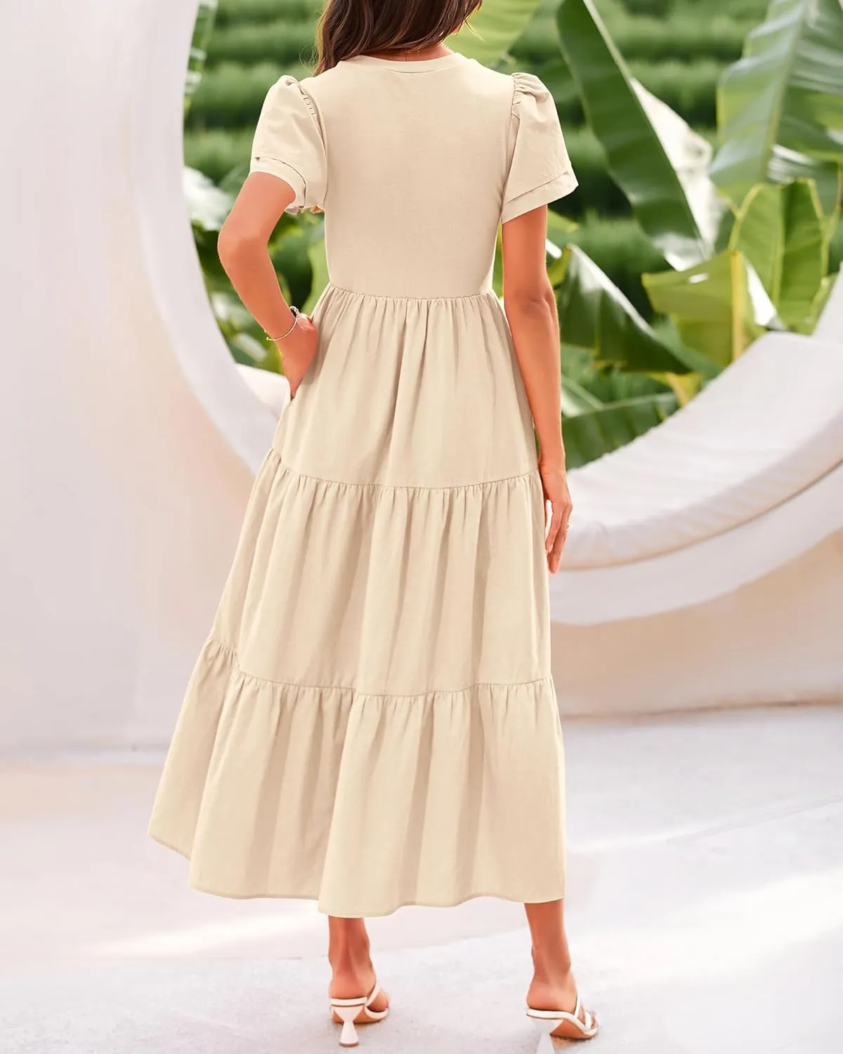 BTFBM Women Casual Summer Dresses 2025 Spring Crewneck Short Sleeve Tiered Flowy Boho Maxi Beach Vacation Dress Pockets