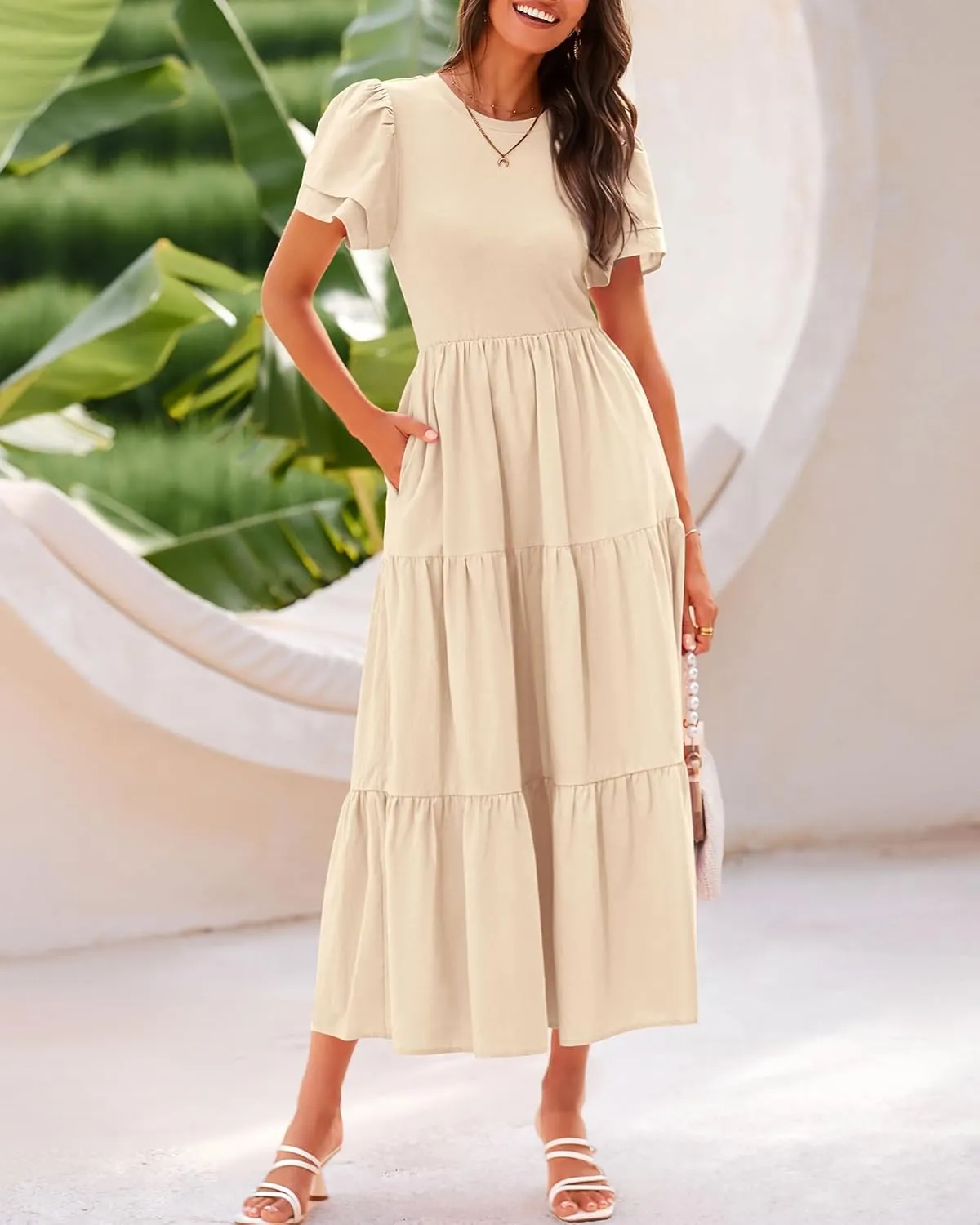 BTFBM Women Casual Summer Dresses 2025 Spring Crewneck Short Sleeve Tiered Flowy Boho Maxi Beach Vacation Dress Pockets