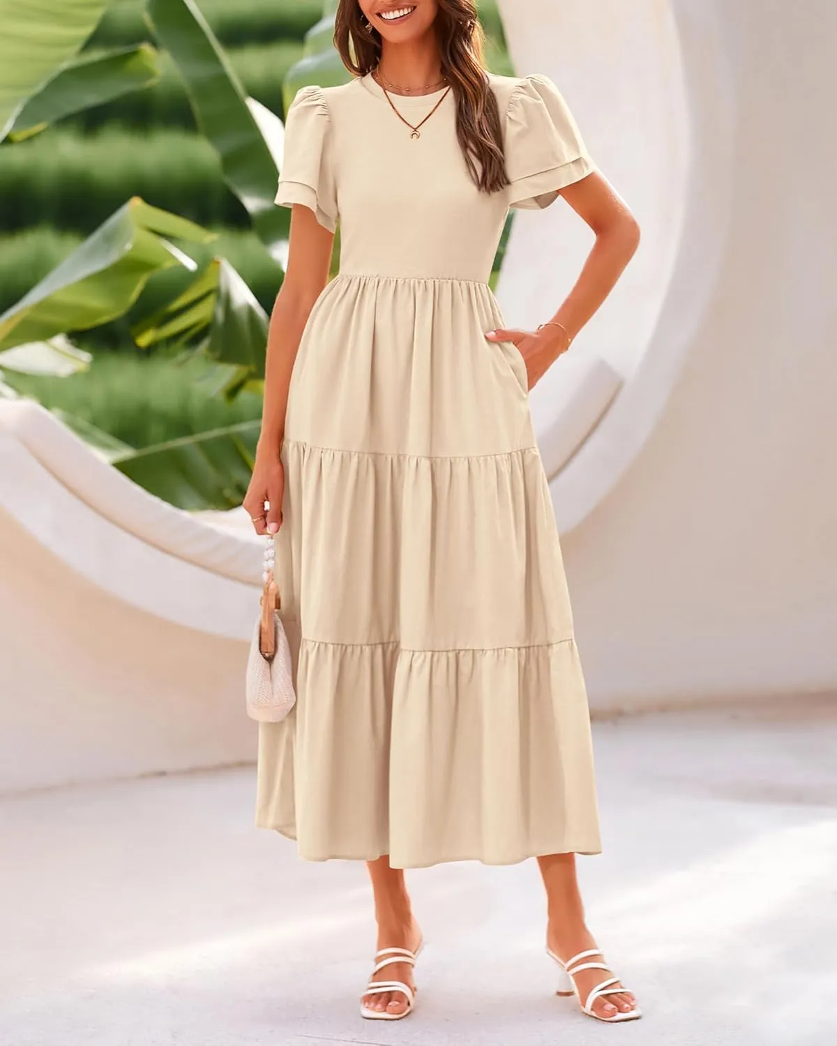 BTFBM Women Casual Summer Dresses 2025 Spring Crewneck Short Sleeve Tiered Flowy Boho Maxi Beach Vacation Dress Pockets