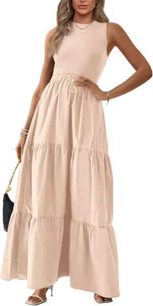 BTFBM Women Sleeveless Summer Dresses Wedding Guest Maxi Dresses Ribbed Knit Tops and Polyester Skirt with Pockets