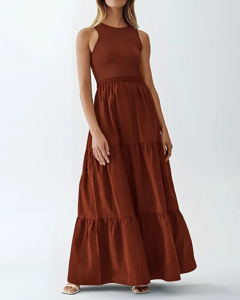 BTFBM Women Sleeveless Summer Dresses Wedding Guest Maxi Dresses Ribbed Knit Tops and Polyester Skirt with Pockets