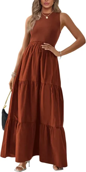 BTFBM Women Sleeveless Summer Dresses Wedding Guest Maxi Dresses Ribbed Knit Tops and Polyester Skirt with Pockets