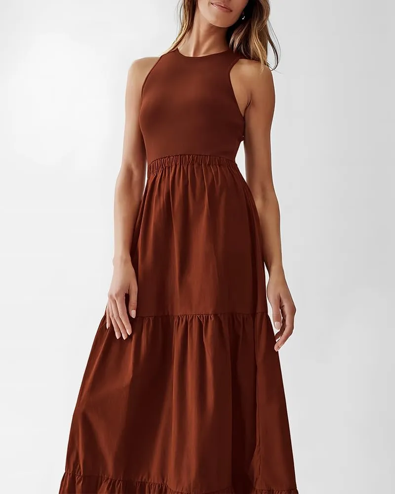 BTFBM Women Sleeveless Summer Dresses Wedding Guest Maxi Dresses Ribbed Knit Tops and Polyester Skirt with Pockets