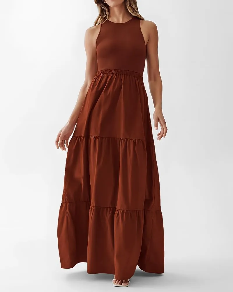 BTFBM Women Sleeveless Summer Dresses Wedding Guest Maxi Dresses Ribbed Knit Tops and Polyester Skirt with Pockets