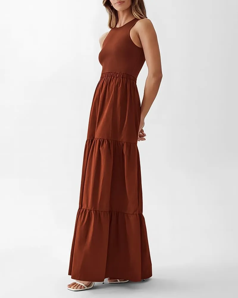 BTFBM Women Sleeveless Summer Dresses Wedding Guest Maxi Dresses Ribbed Knit Tops and Polyester Skirt with Pockets