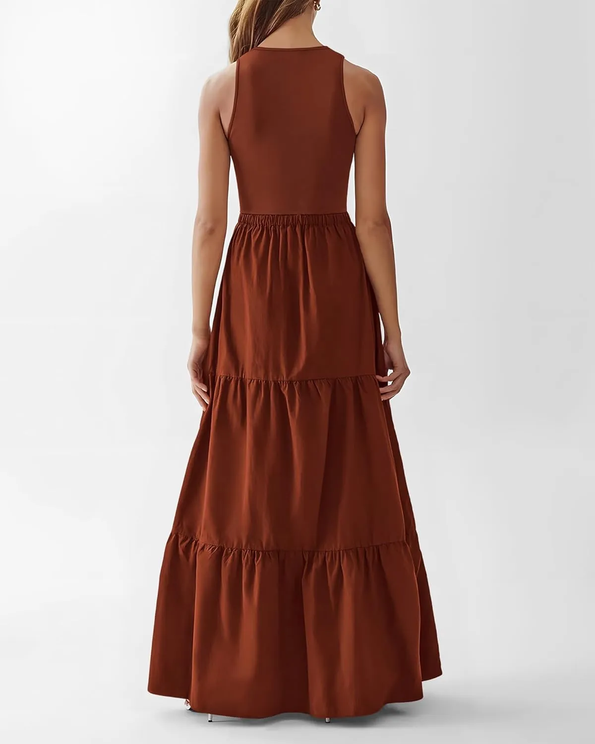 BTFBM Women Sleeveless Summer Dresses Wedding Guest Maxi Dresses Ribbed Knit Tops and Polyester Skirt with Pockets