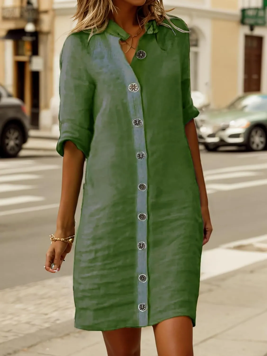 Button Down Dress for Women Casual Linen Flowy Shift Midi Dress Summer V Neck Half Sleeve Loose Beach Shirt Dresses